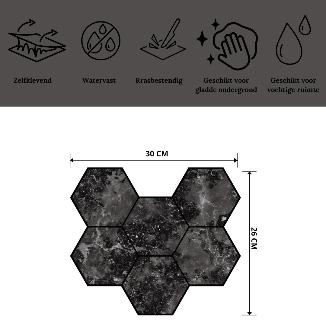 Plaktegels HexaLux noir met afmetingen en specificaties