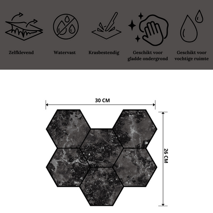 Plaktegels HexaLux noir met afmetingen en specificaties
