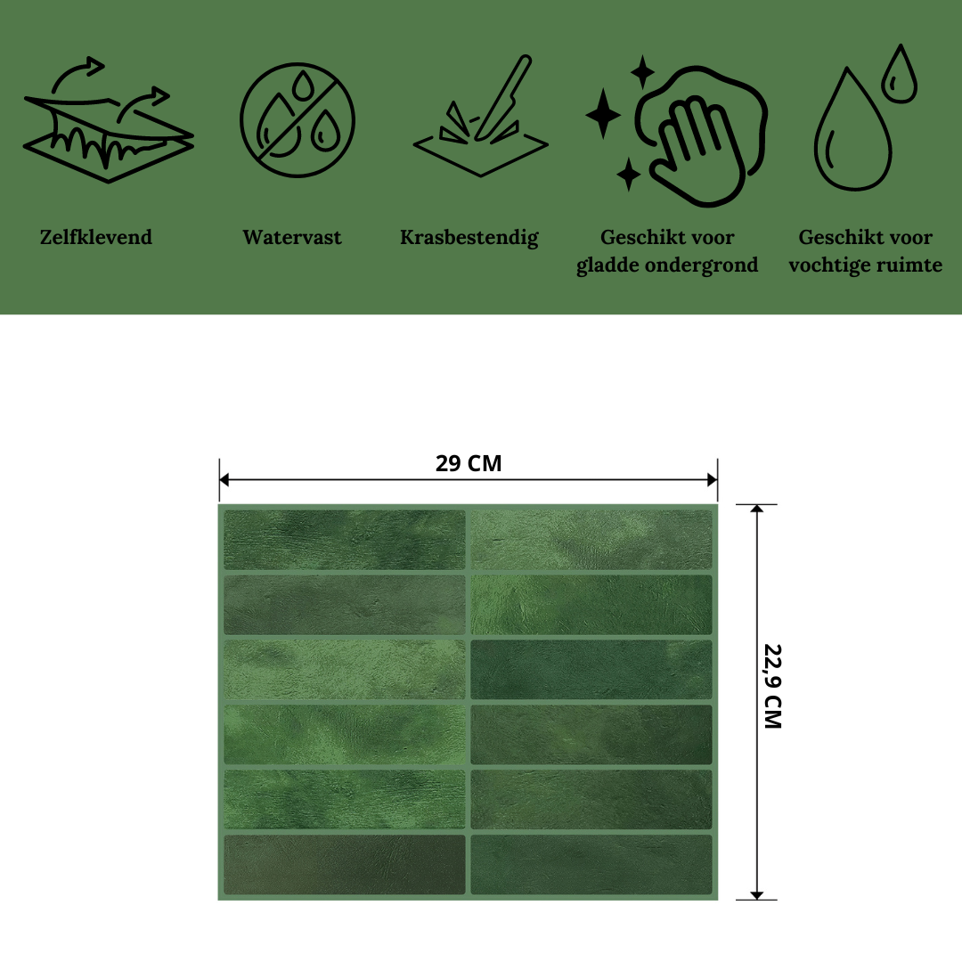 Plaktegels Mossy Green met afmetingen en specificaties